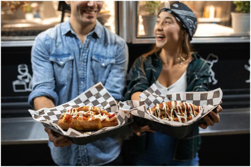 Laughing couple holding gourmet street food outsid