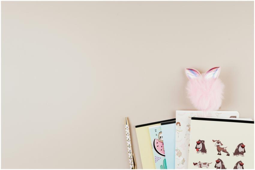 Flat lay of colorful notebooks, pen, and fuzzy pom