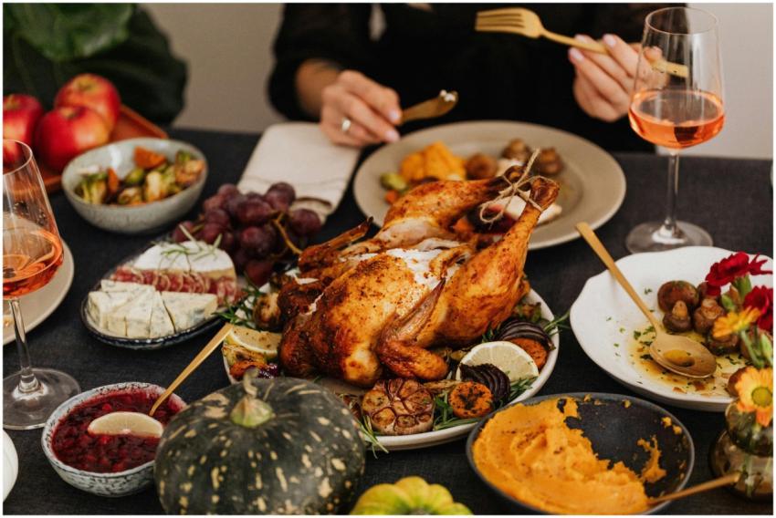 A festive Thanksgiving dinner spread featuring a g