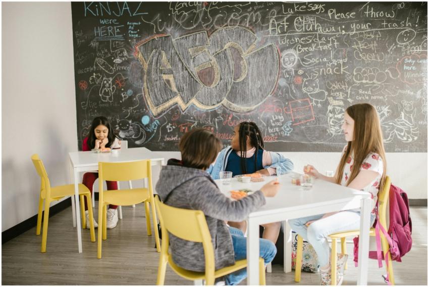 Children sitting in a school classroom having lunc
