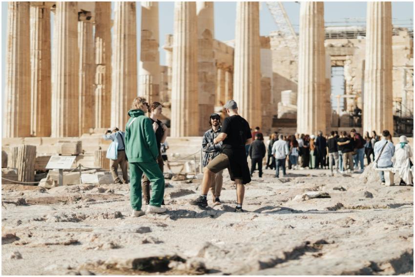 A group of tourists exploring the ancient ruins of