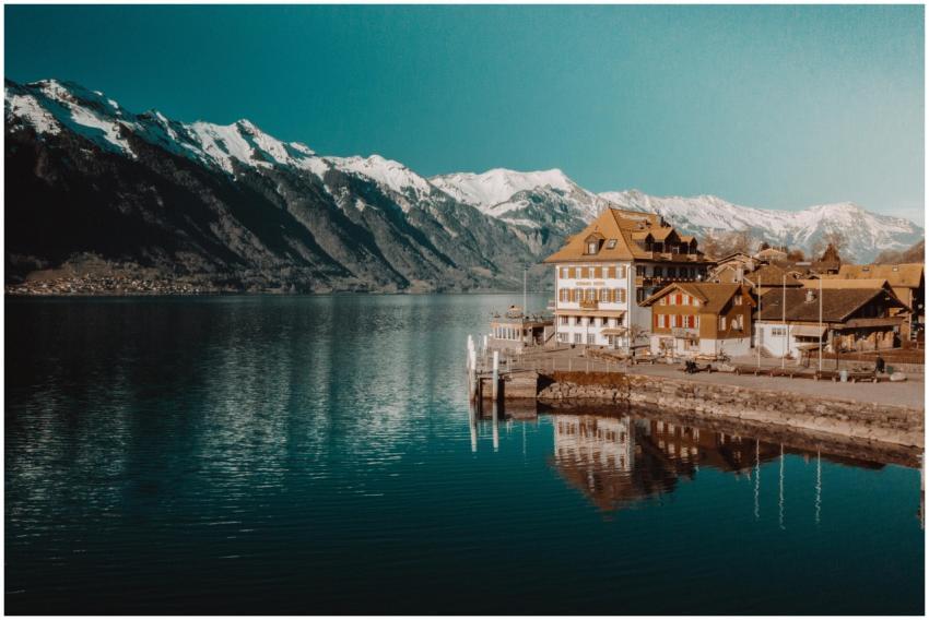 Charming Swiss village by a tranquil lake with stu