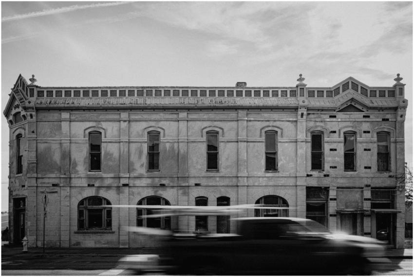 Black and white photo of an old historic building