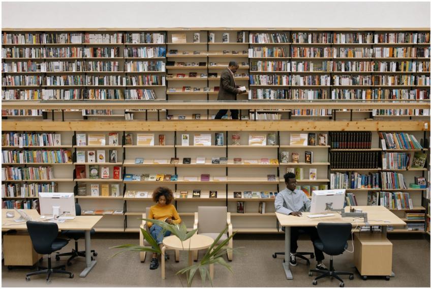 A spacious library with shelves, computers, and vi