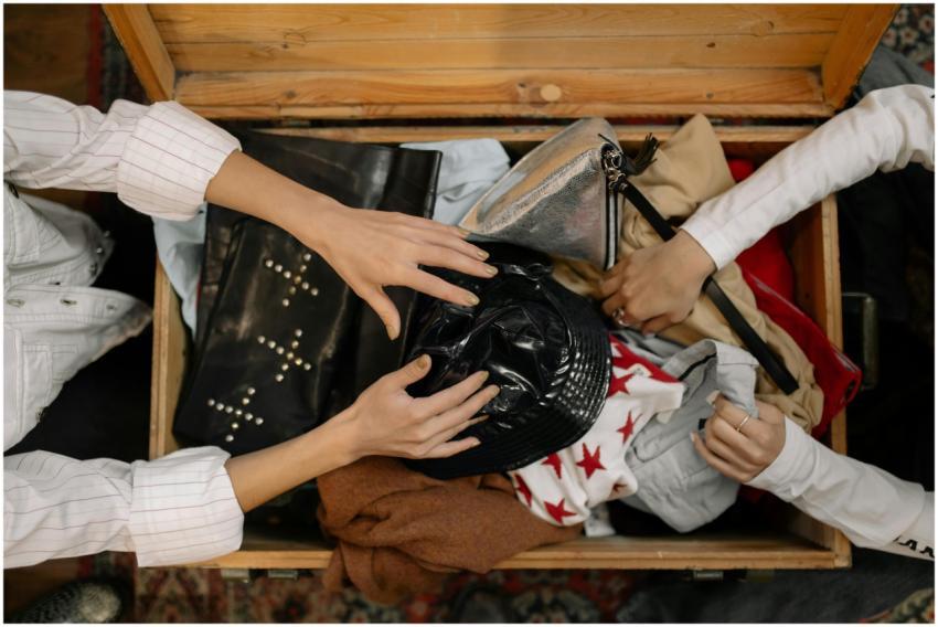 Two hands sorting through a variety of vintage clo