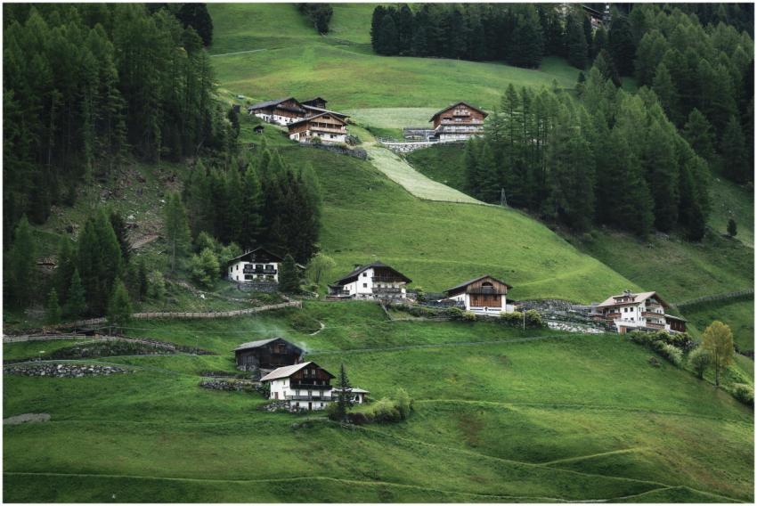 Scenic view of rustic alpine houses nestled in lus