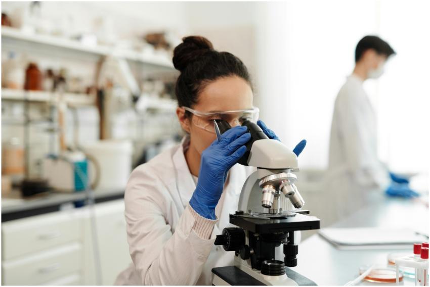 A female scientist in protective gear examines sam