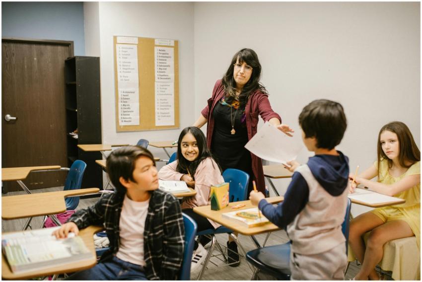 Children interacting with a female teacher in a cl