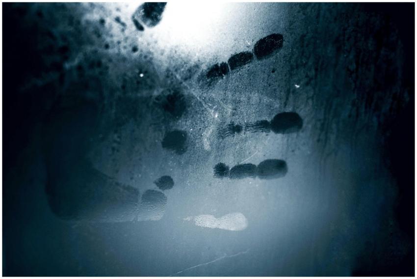 A mysterious handprint on a fogged glass surface i