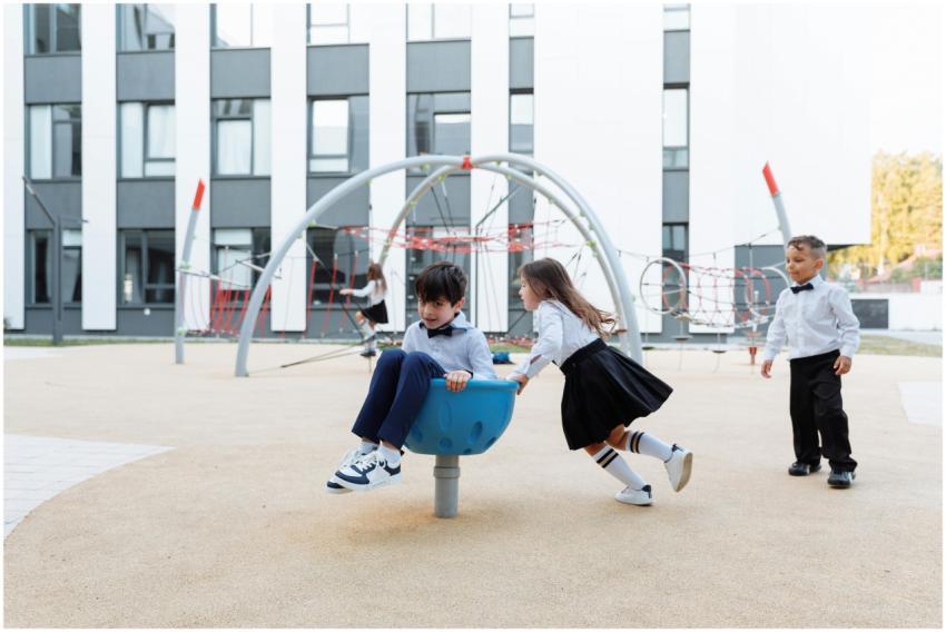 Joyful children having fun together in a modern ou