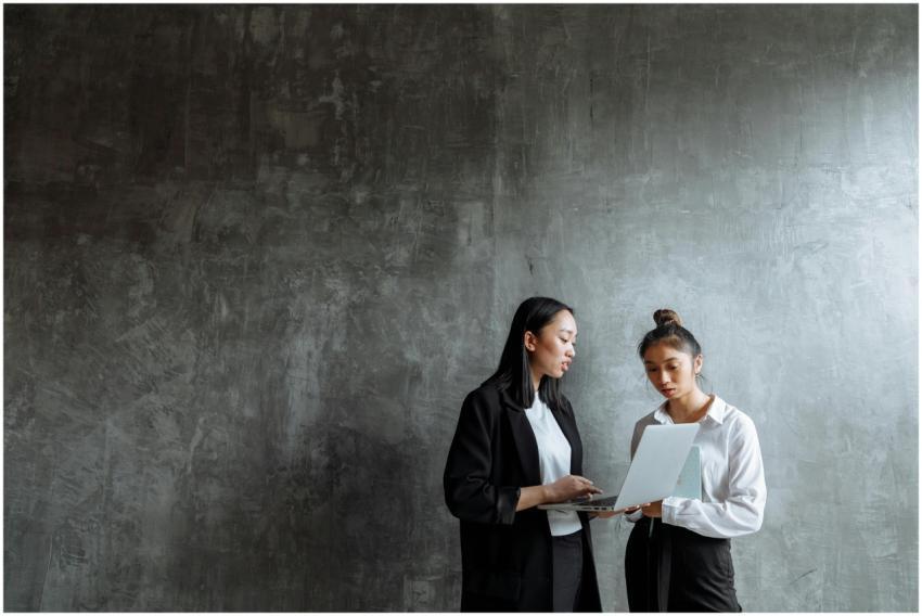 Two professional women collaborating with a laptop