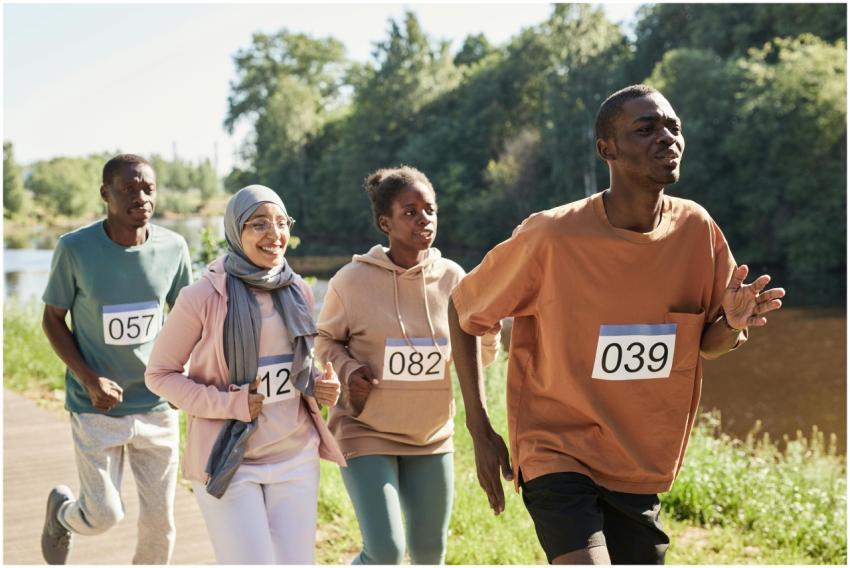 A diverse group of adult runners competing in an o