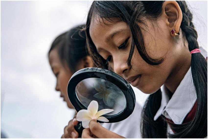 Curious schoolgirls examine a flower closely throu