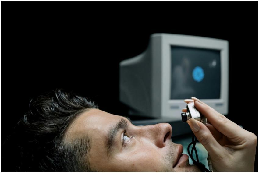 Close-up of a man during an eye examination using
