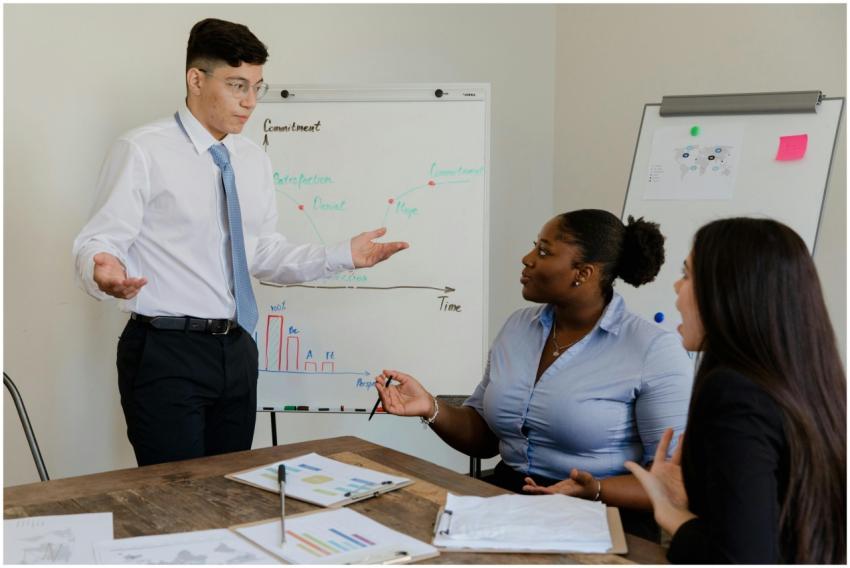 A diverse team discussing business strategies duri