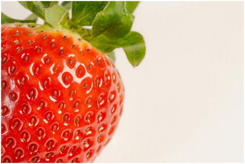 Macro shot of a vibrant red strawberry with green