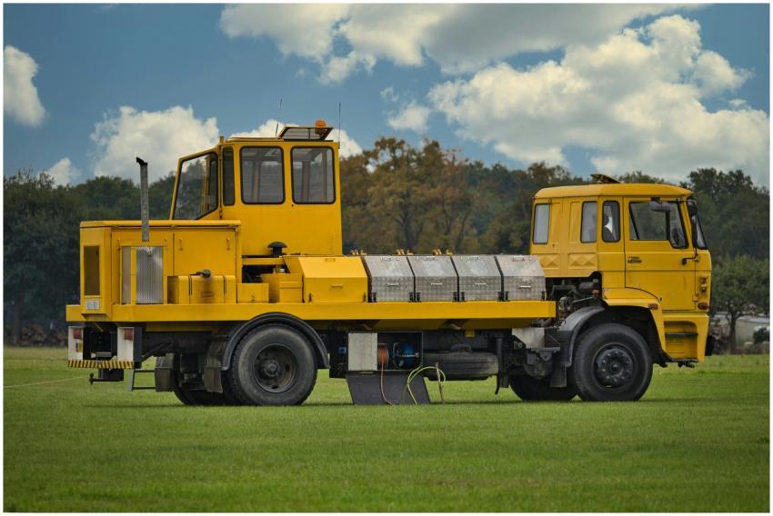 A yellow industrial vehicle parked on a lush green