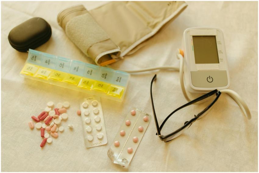 Flat lay image of healthcare essentials including