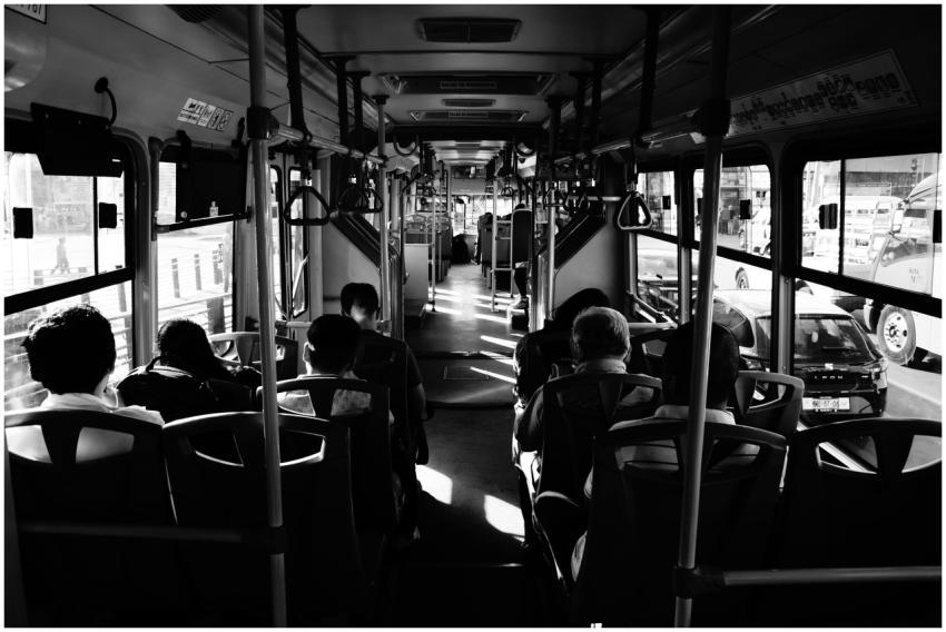 A monochromatic view of passengers inside a moving