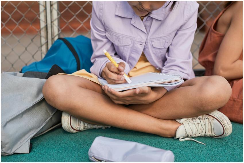 Girl sits writing in a notebook outside near a cha