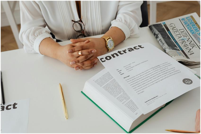Businesswoman sitting at desk reviewing contract w