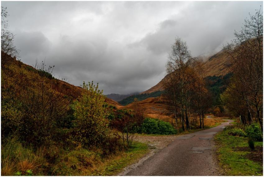 Peaceful autumn pathway in mountainous landscape w
