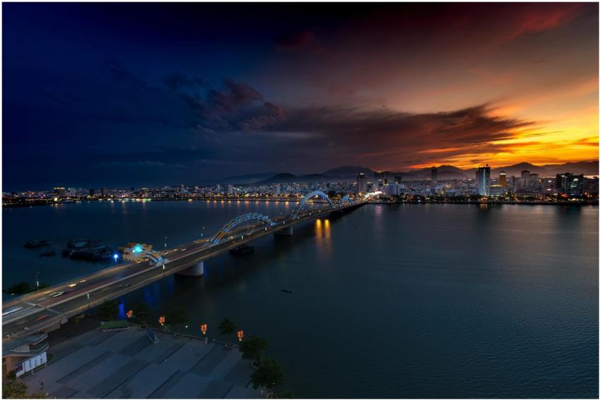 Beautiful panoramic view of a city at sunset with