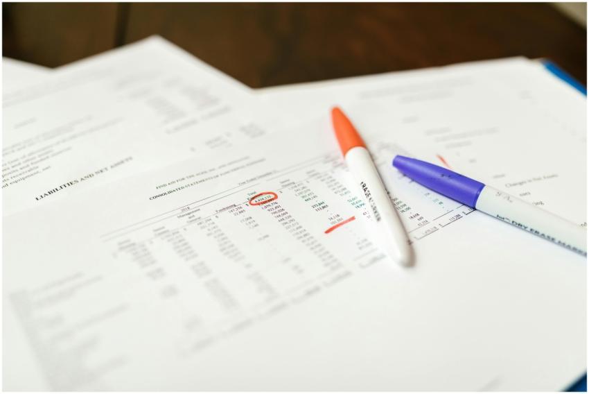 Close-up of financial documents with pens highligh