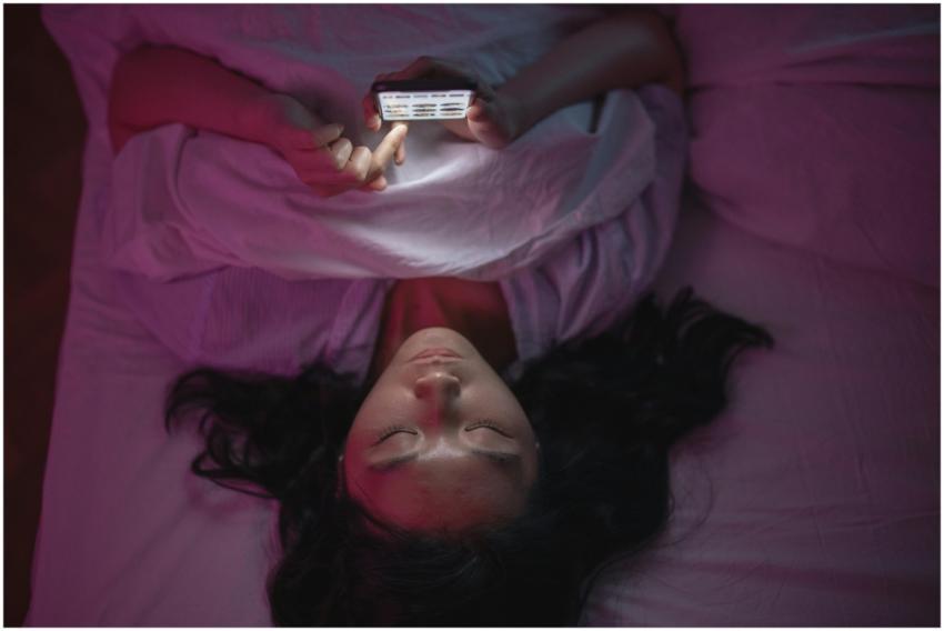 A woman lying in bed at night browsing her smartph