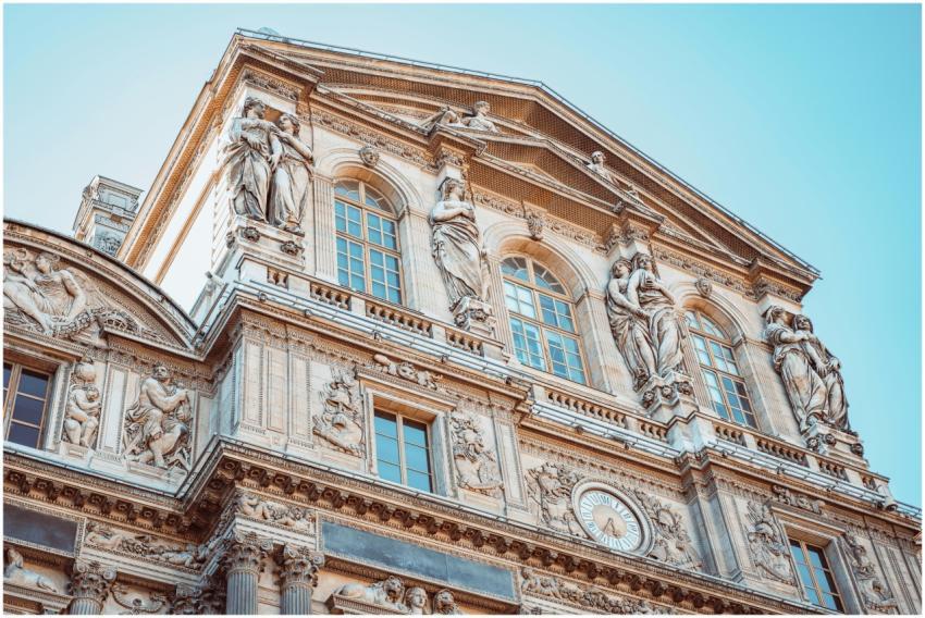 Detailed view of the historic Louvre Museum facade