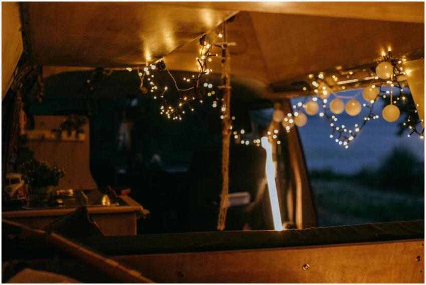 Warm and inviting van interior decorated with stri