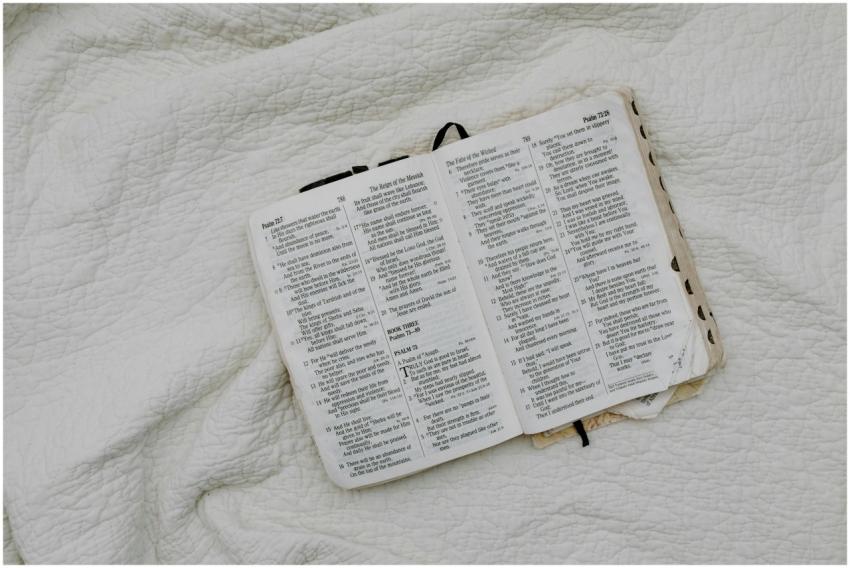 An overhead shot of an open Bible resting on a sof