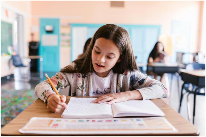 Focused young girl writing in her notebook in a cl