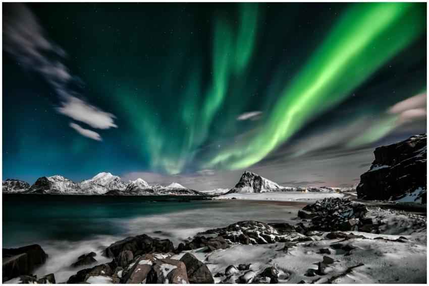 Scenic view of Northern Lights over snowy Lofoten