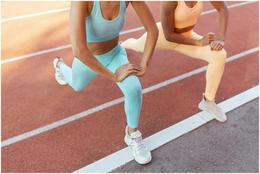 Two women in colorful activewear stretching on an