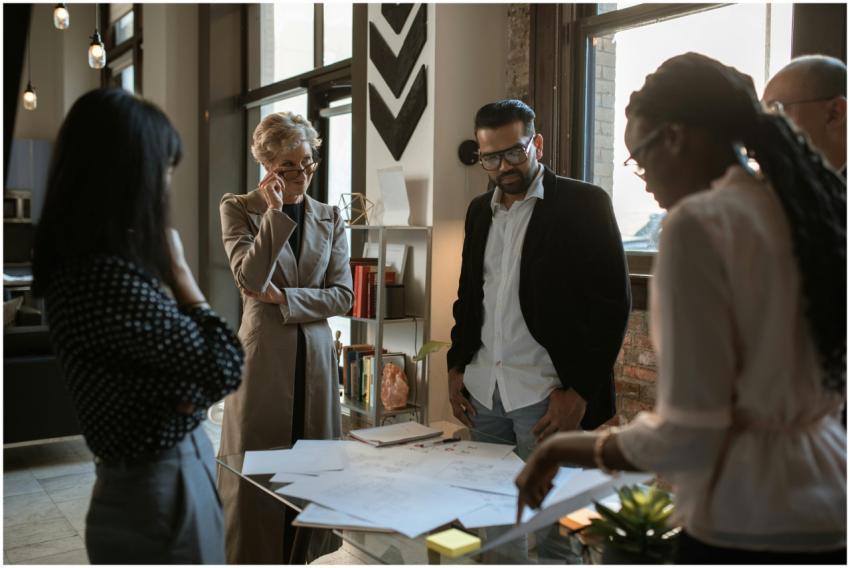 A diverse group of professionals discussing projec