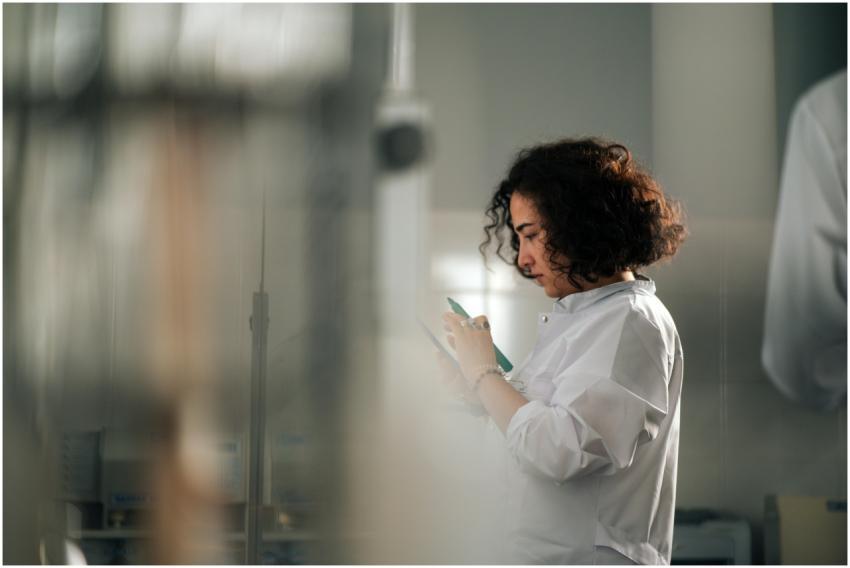 A focused female scientist with curly hair writes