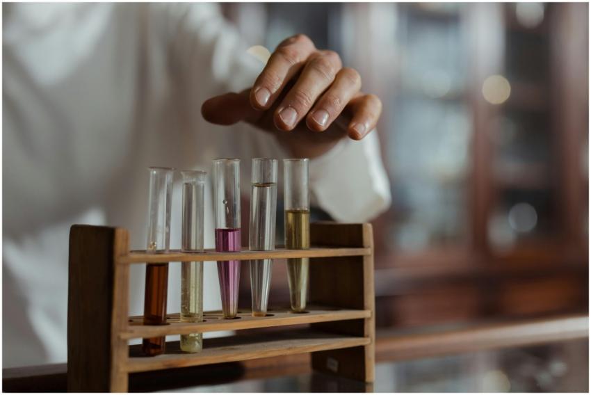Close-up of a hand handling test tubes in a labora
