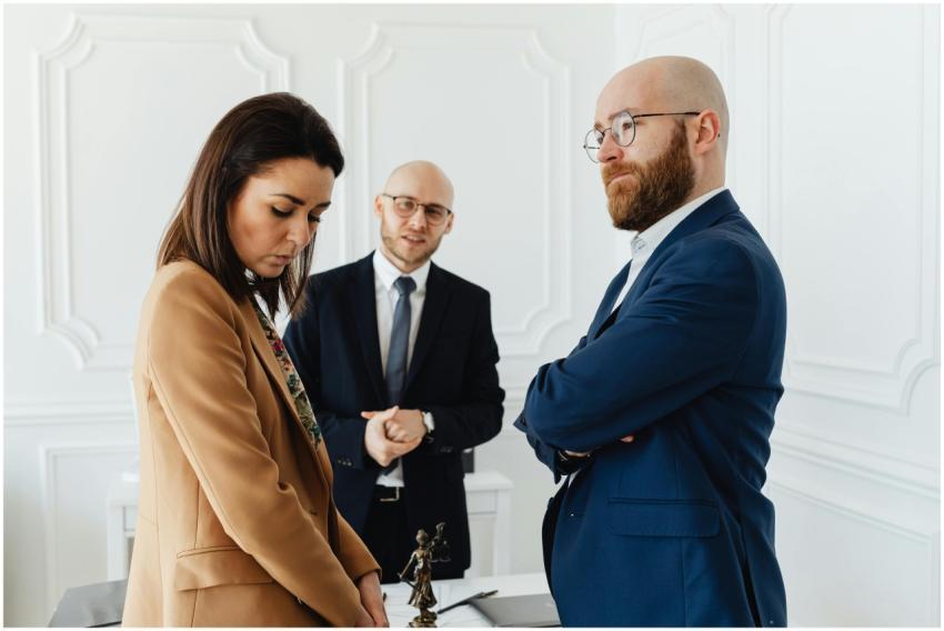 Lawyers discussing case indoors with clients in fo