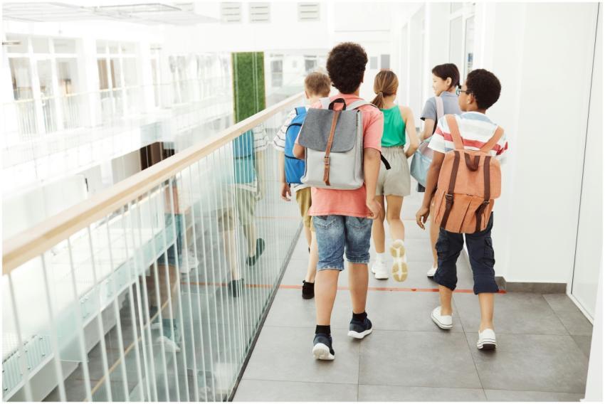 Group of children walking inside a modern school h