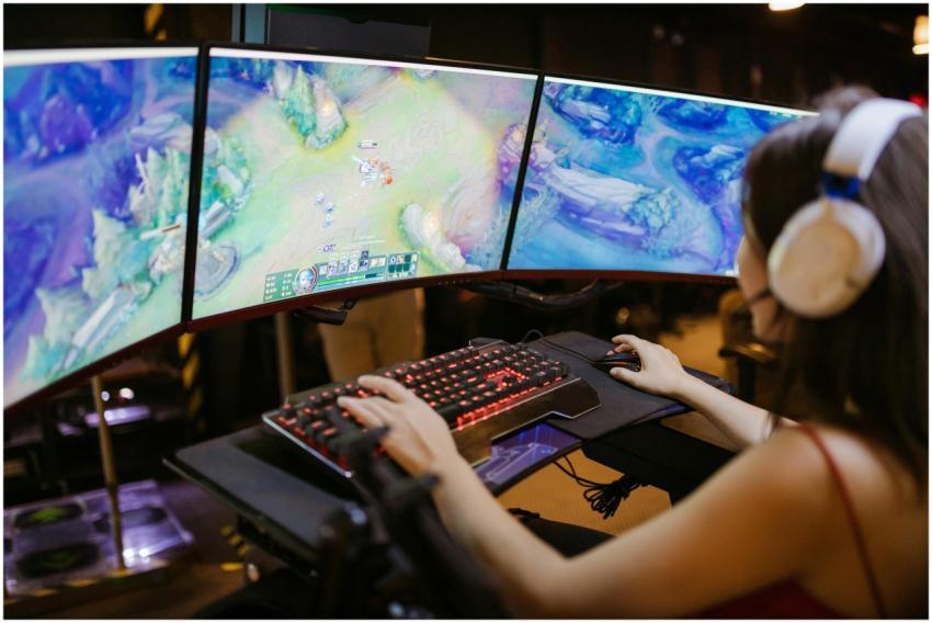 A young woman intently gaming on a multi-screen se