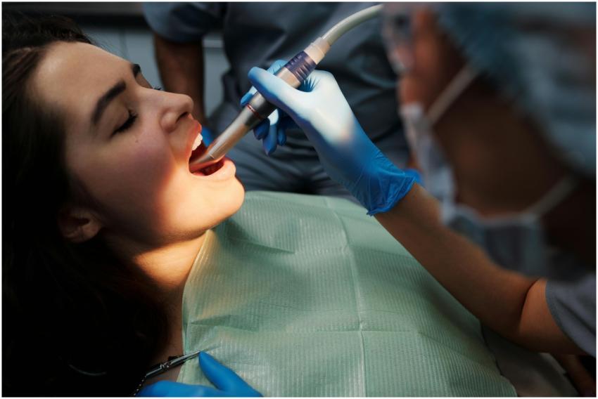 Close-up of a woman receiving dental treatment wit