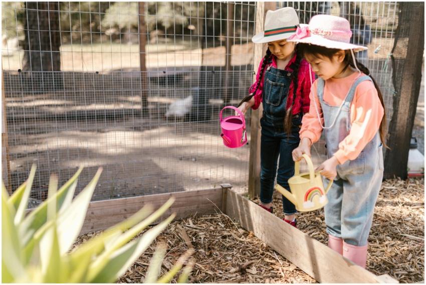 Two young girls gardening outdoors with watering c
