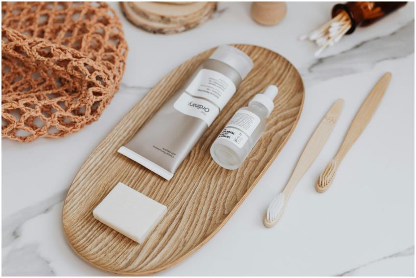 Flat lay of zero waste bathroom essentials includi