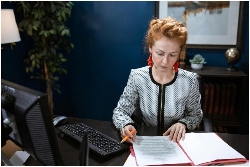 A focused woman working on paperwork in a modern o
