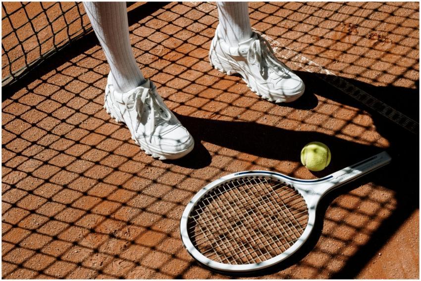 Tennis player's legs with racket and ball on clay