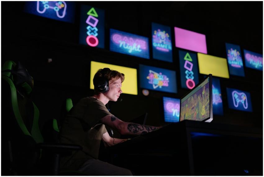 A focused gamer plays e-sports in a neon-lit room,