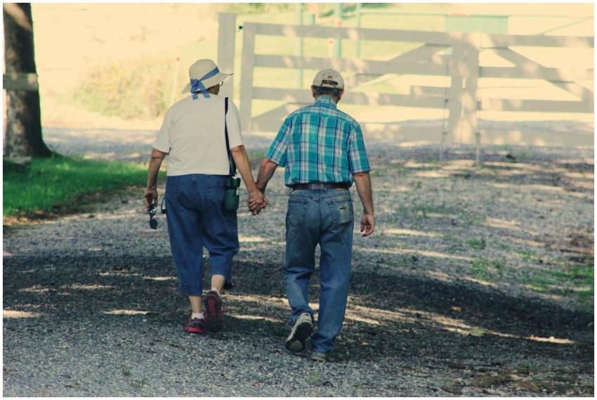 Senior couple holding hands and walking outdoors o