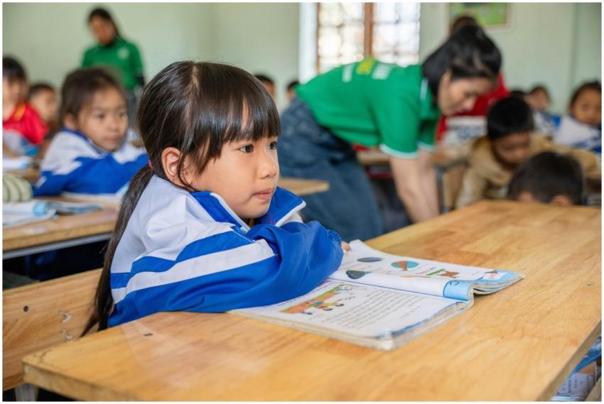 A focused young girl studying in an elementary cla
