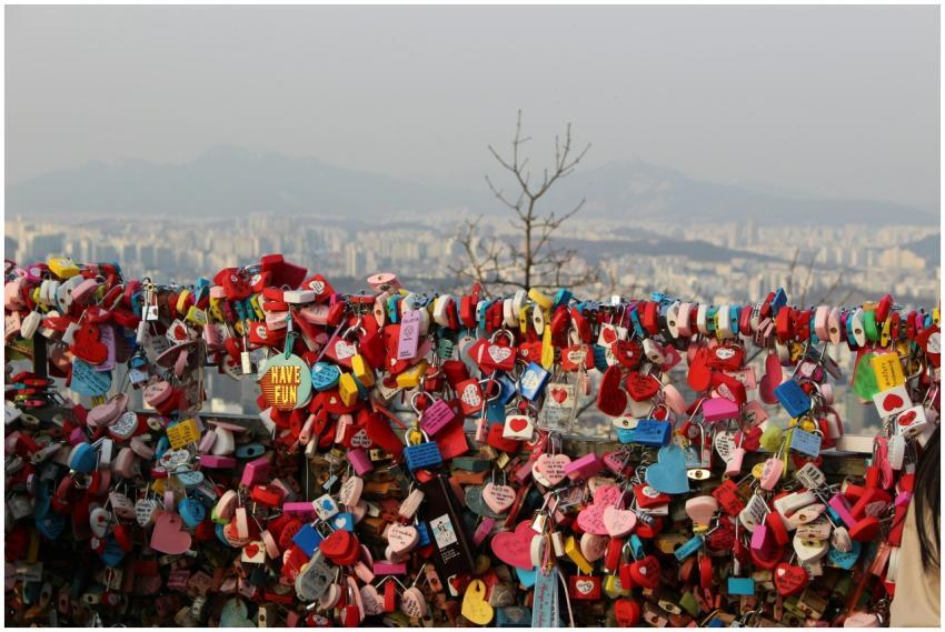 Vibrant love locks against Seoul skyline at Namsan